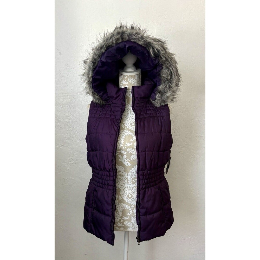 New York & Company Purple Zip-Up Puffer Vest Medium Detachable Faux Fur Hood NWT
